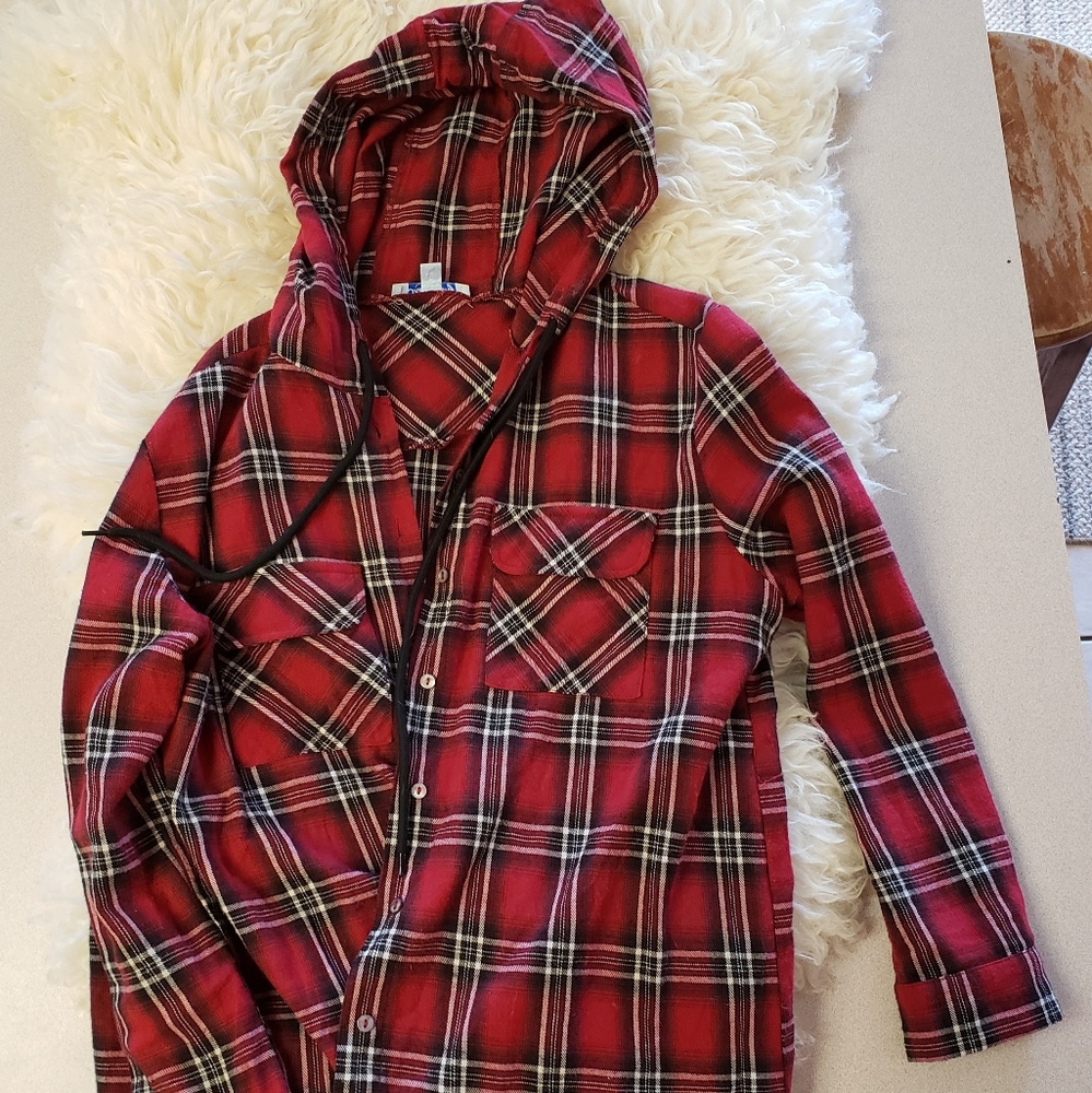 Red plaid button up with hood